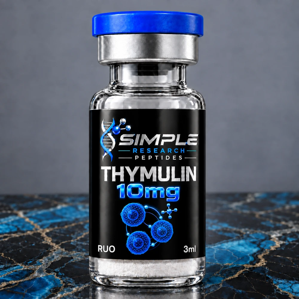 SRP thymulin-10mg research vial with blue cap, metallic vinyl label and blue marble surface