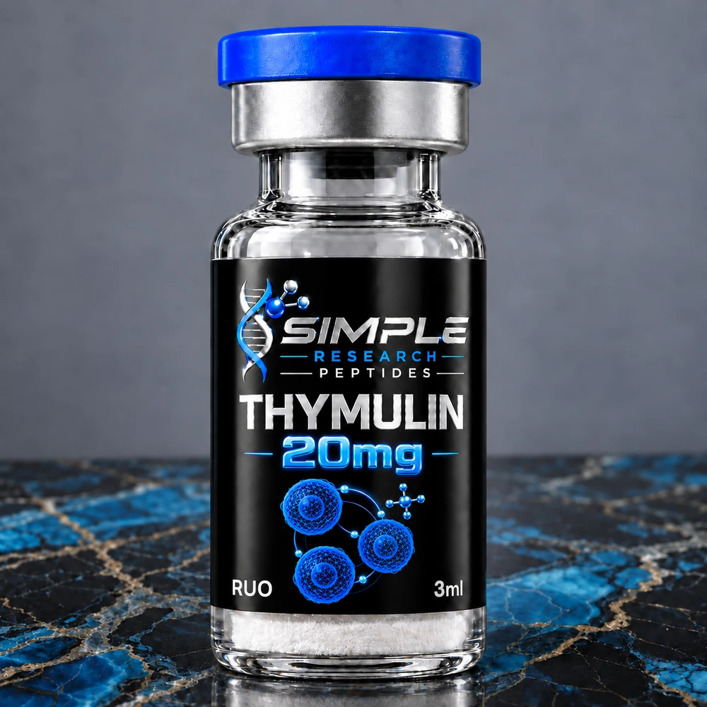 SRP thymulin-20mg research vial with blue cap, metallic vinyl label and blue marble surface