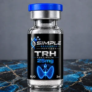 Simple Research Peptides trh 25mg vial with blue cap on blue and black marble