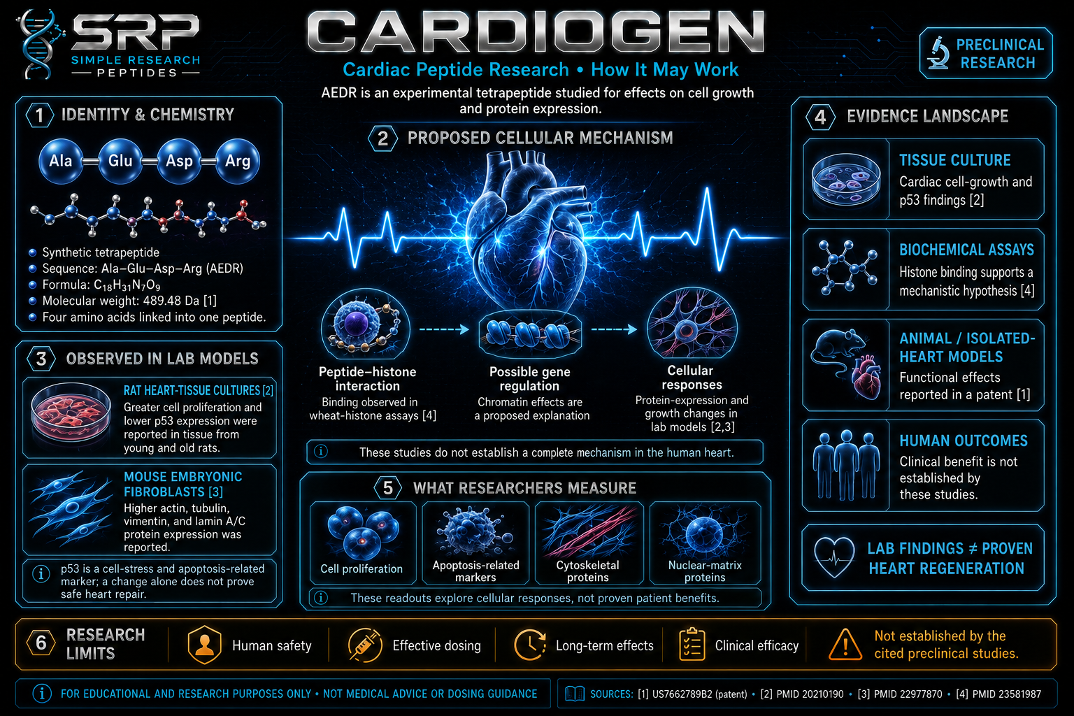 Cardiogen AEDR identity, proposed cellular mechanism, laboratory findings, and research limits infographic