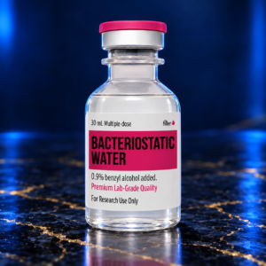 filler bacteriostatic water 30 mL bottle with a pink label on blue marble