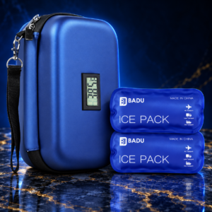 Blue travel cooler case with a temperature display and two blue ice packs
