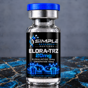 SRP ELORA-TRZ 20 mg vial, containing eloralintide 10 mg and tirzepatide 10 mg, with a neon blue cap and custom compound label on blue marble.