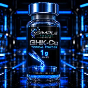 SRP GHK-Cu Topical Powder 1 g vial, neon blue pipette and droplet illustration, research use only