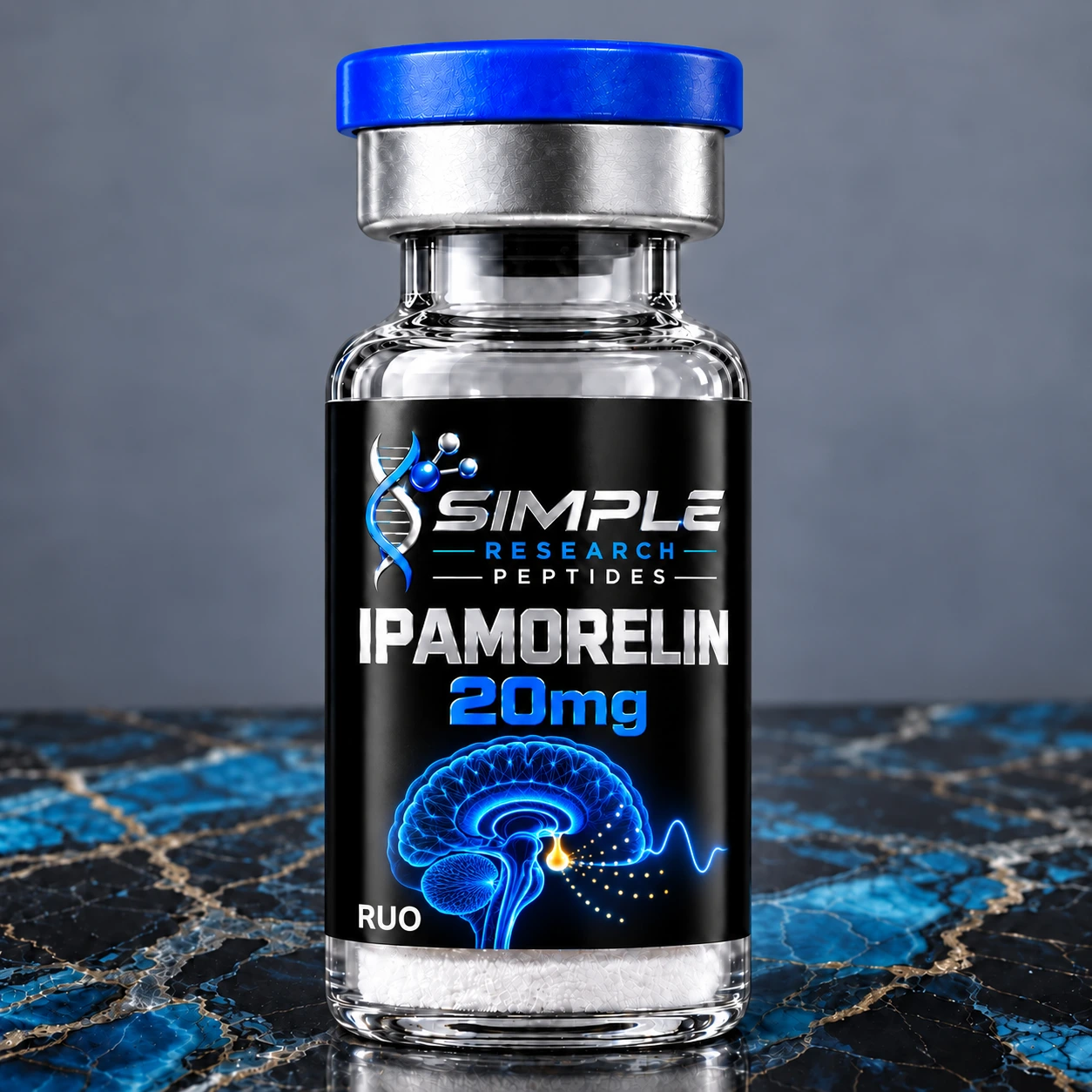 SRP Ipamorelin 20 mg research vial with a neon-blue brain graphic