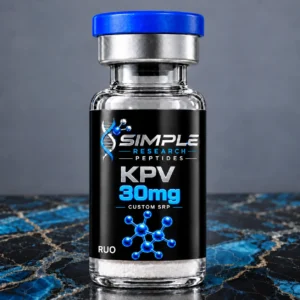 SRP KPV 30 mg custom research vial with blue cap and molecule graphic on marble