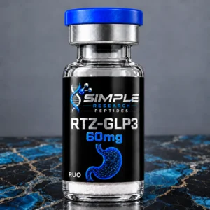 SRP RTZ-GLP3 60 mg research vial with a neon-blue stomach graphic