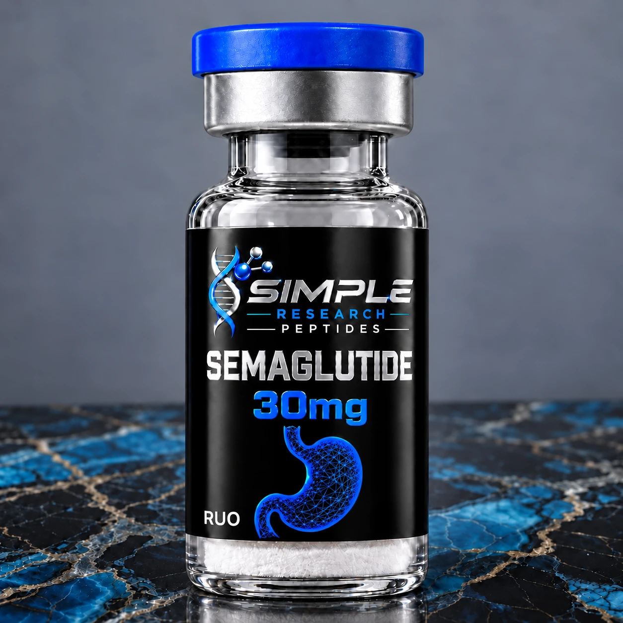 SRP Semaglutide 30 mg research vial with a neon-blue stomach graphic