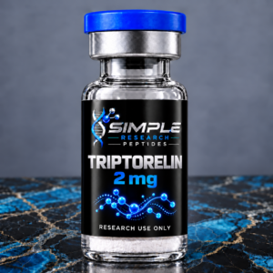 Illustrated SRP Triptorelin 2 mg research vial with blue cap on blue marble