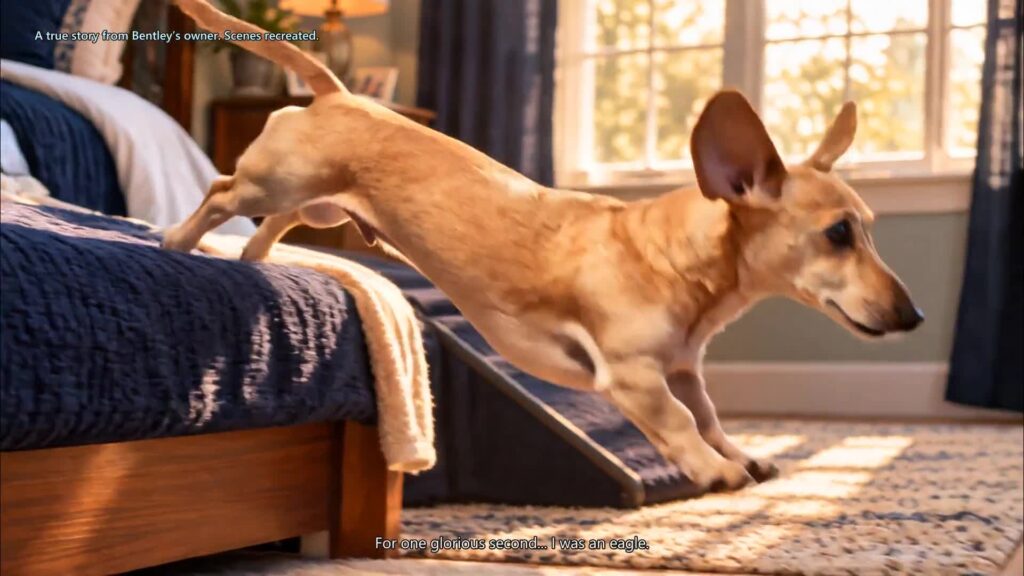 AI recreation of Bentley, a dachshund, at the edge of a bed in the SRP short film.
