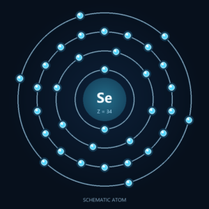 Selenium: Schematic atom, not to scale; dietary forms differ.