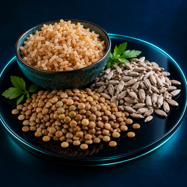 Illustrated thiamine food sources: brown rice, sunflower seeds and lentils