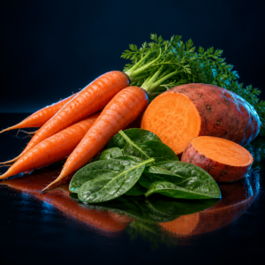 Vitamin A: Illustrated food sources; food composition varies.