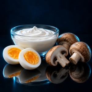 Vitamin B2, riboflavin: Illustrated food sources; food composition varies.