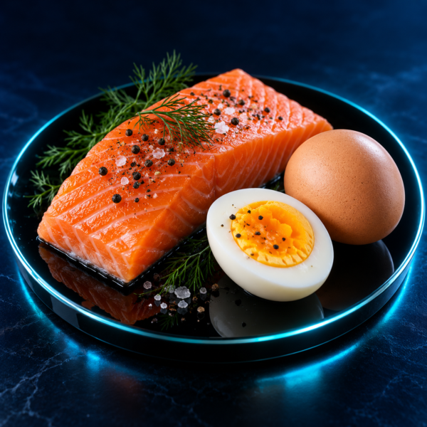 Illustrated vitamin D food sources: salmon and eggs