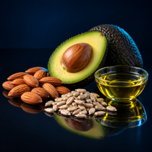 Vitamin E: Illustrated food sources; food composition varies.